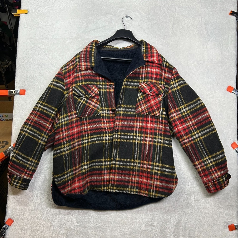 Vintage Men's Shirt Jacket Red Black Plaid Fleece‎ Lined Anchor Button Outdoor